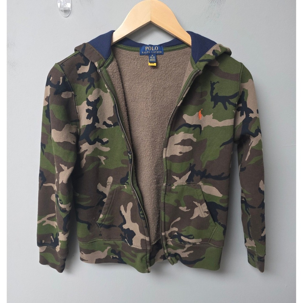 Polo Ralph Lauren Zip Hoodie Kids M‎ 10-12 Camo Green Full Zip Fleece Sweatshirt
